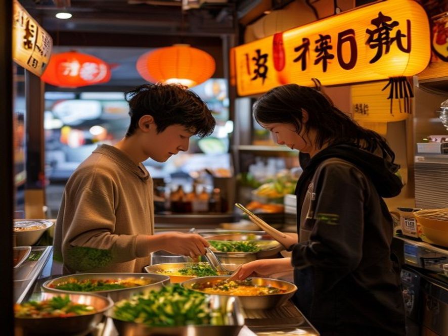 东京麻辣烫店内,顾客在自助选菜区挑选蔬菜和豆皮,价格牌显示600日元
