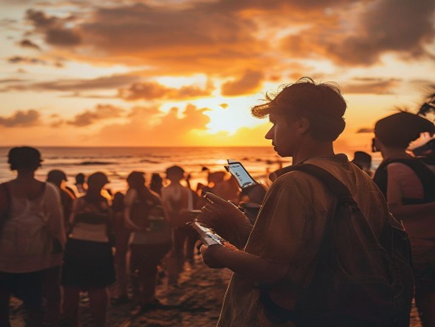 游客在巴厘岛排队刷手机,错过金色夕阳