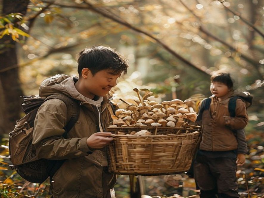情侣采了一大篮野生菌,本地小孩哥正在筛选