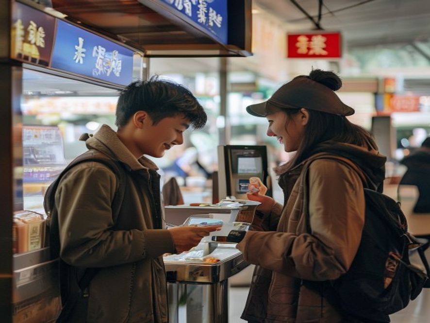 外国游客在机场外币兑换机前操作,或在小吃摊使用手机支付
