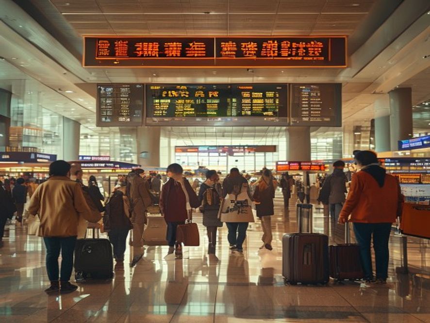 北京首都机场入境大厅,各国游客排队通关,电子屏显示入境数据
