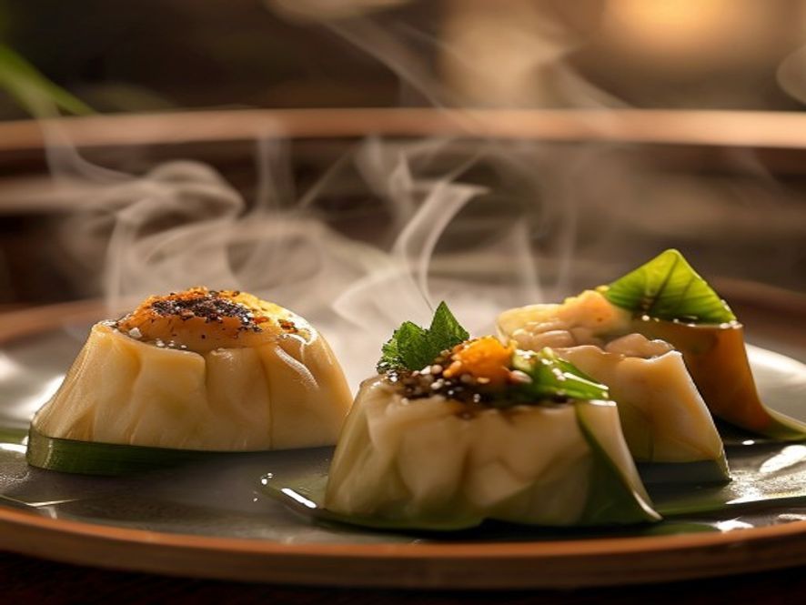 黑松露虾饺、桃胶蛋挞、花胶鸡烧卖等新派点心特写