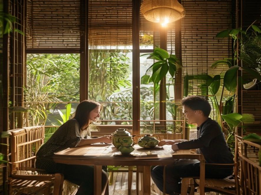 新派茶楼的岭南美学环境,竹编屏风、青砖墙面、绿植,年轻男女在喝茶