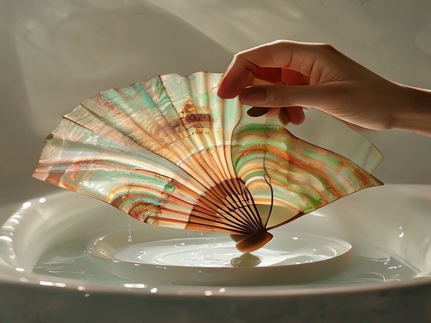 漆扇制作场景,大漆在水面形成流动纹理,扇子浸入水中