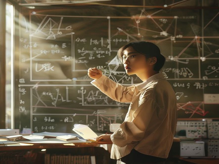 数学家许埈珥在黑板上推导组合几何公式