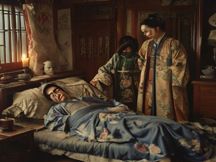 武大被踢伤后躺在床上,潘金莲和西门庆站在一旁