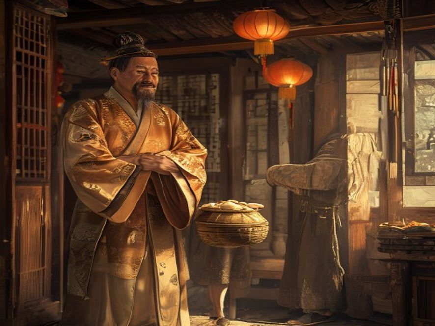 西门庆傲慢地俯视武大,武大卑微低头的场景