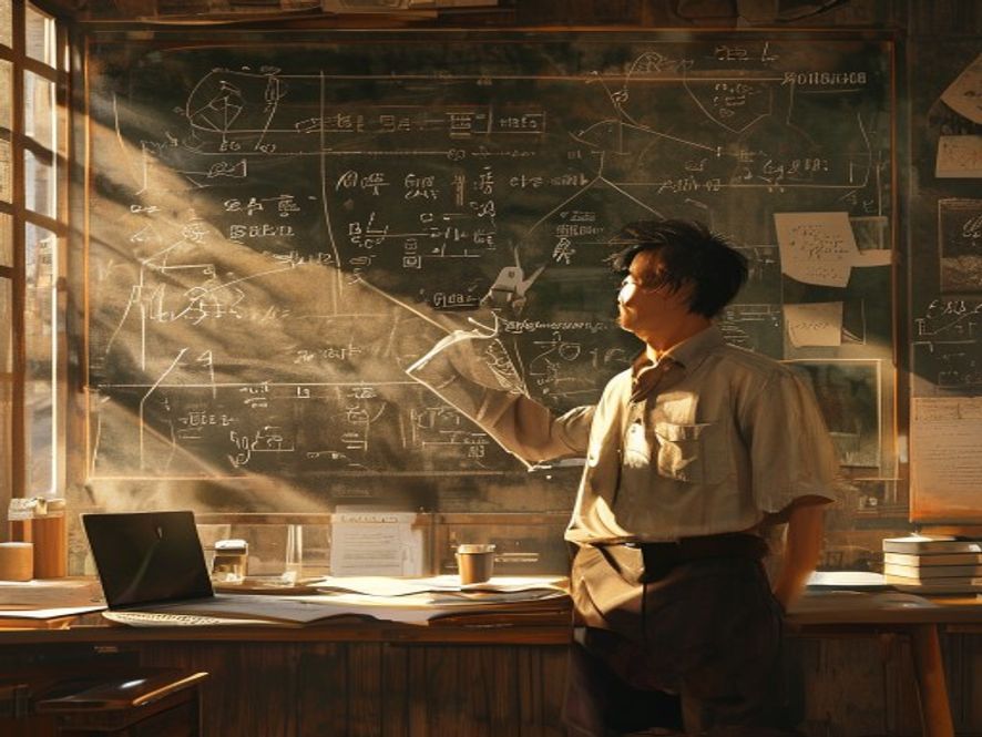 一位数学家在黑板前推导复杂的偏微分方程公式,桌上有数学论文和咖啡杯
