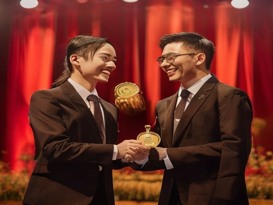 两位中国籍数学家邓煜和王虹在菲尔兹奖颁奖典礼上握手合影,背景是舞台和观众