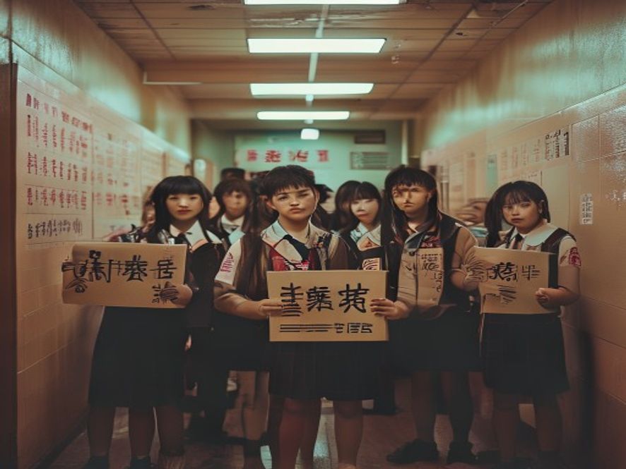 一群穿着校服的学生站在学校走廊里,每人手里举着写有'复读'的纸牌,表情无奈,背景墙上有高考倒计时和志愿填报公告
