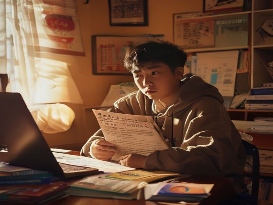 一名高分考生坐在书桌前,手里拿着厦门大学录取通知书,表情迷茫,桌上摊着志愿填报指南和电脑屏幕显示招生代码对比