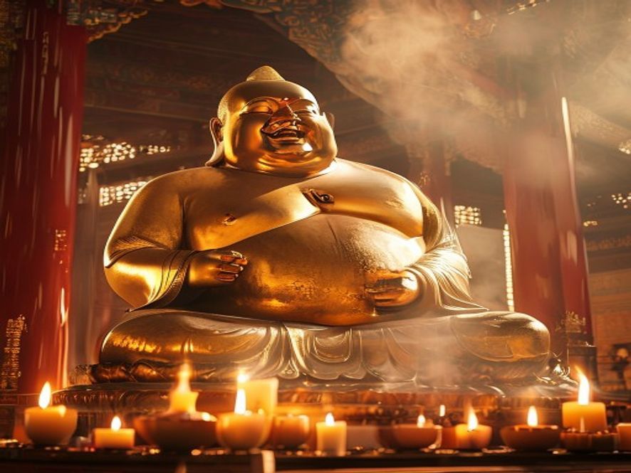 寺庙中弥勒佛雕像,大肚子象征包容