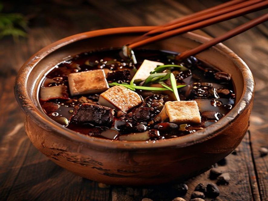 豆豉火锅里的鸭血、毛肚和老豆腐配菜