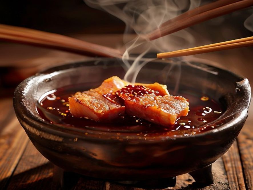 筷子夹起一片五花肉在沸腾的豆豉火锅里涮