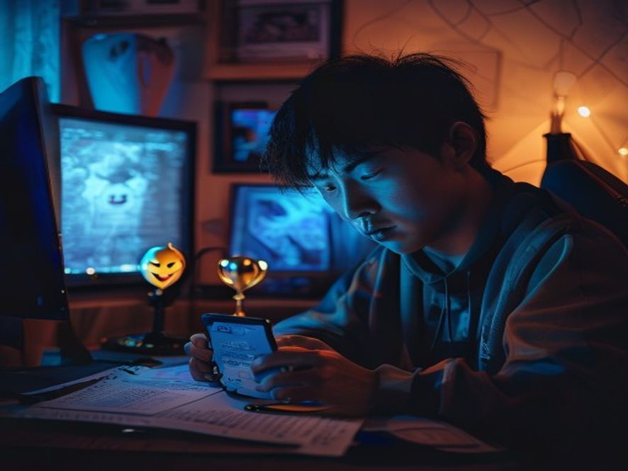 职业电竞选手低头看手机屏幕上铺天盖地的负面评论,身边放着奖杯和放大镜