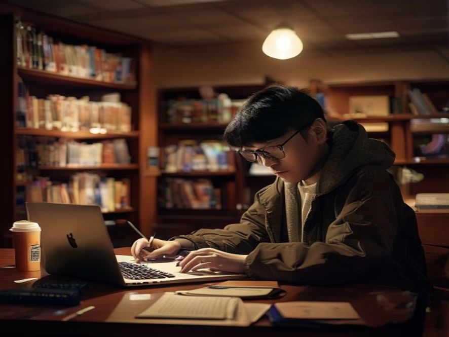 一个贫困生深夜在图书馆自习,手边放着一杯便利店咖啡,埋头学习或写代码