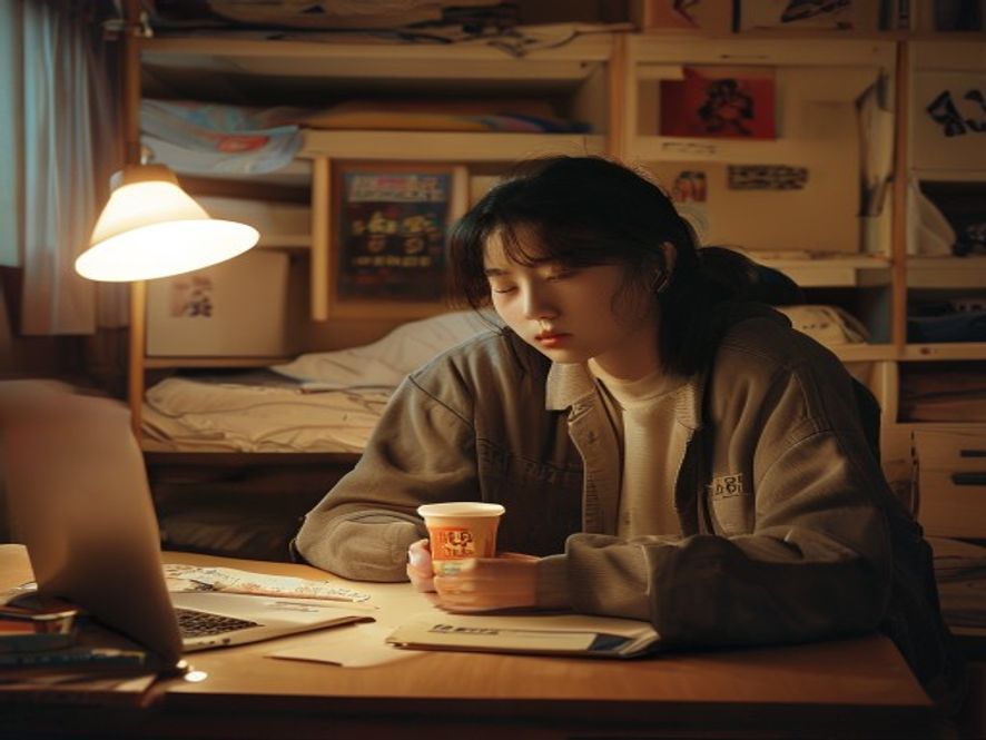 一个贫困生大学生在宿舍书桌前喝一杯9.9元的速溶咖啡,旁边摊开着课本和笔记本电脑