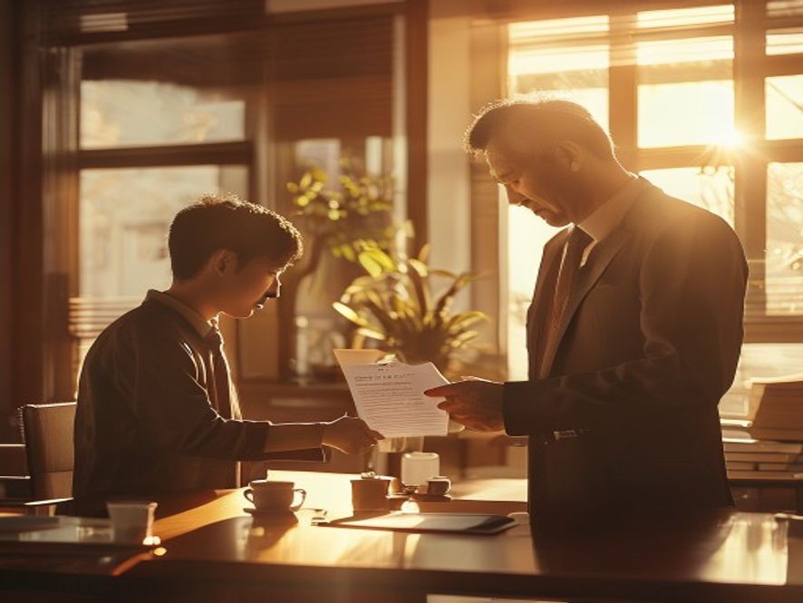 老板在办公室辞退不孝员工,桌上放有奖金信封