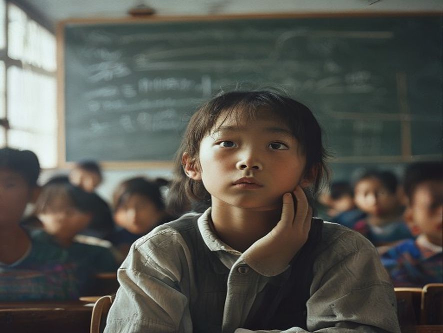 一个孩子在教室里看着黑板发呆,老师在讲台讲课,孩子显得无聊