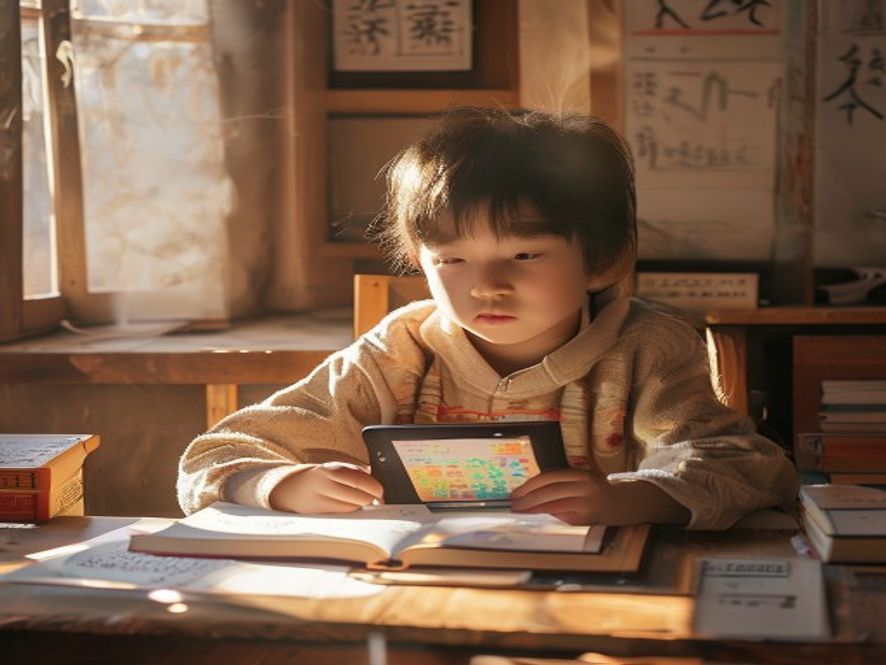 一个小孩趴在桌上玩平板电脑,旁边摊着古诗书和作业本,表情呆滞