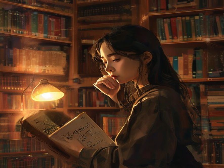 图书馆里手捧数学期刊陷入沉思的年轻女性