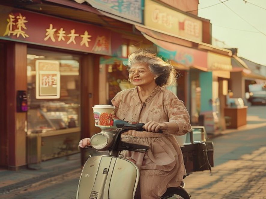 小县城街头一位中年妇女骑着电动车购买咖啡,背景是新建的商业街
