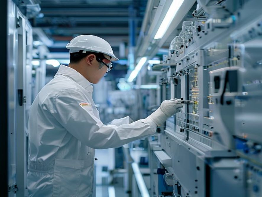 中国工程师在半导体洁净车间检查光刻机,体现芯片产业博弈