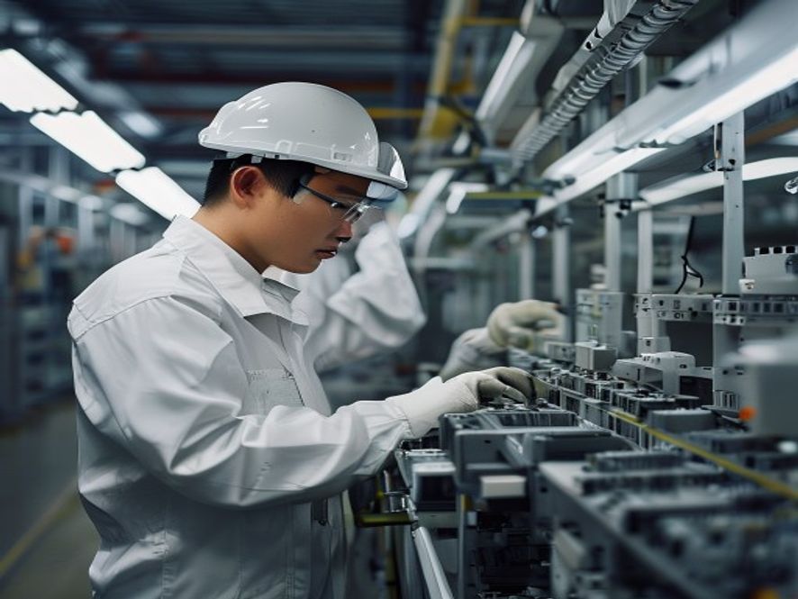 汽车零部件供应商工厂内,质检员检查有缺陷的电子控制模块