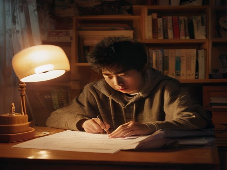 一名少年在书桌前偷偷修改志愿表,旁边放着中考成绩单