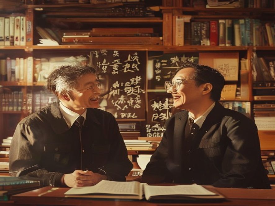 一位外国数学家正在用中文与中国数学家交流,办公室环境