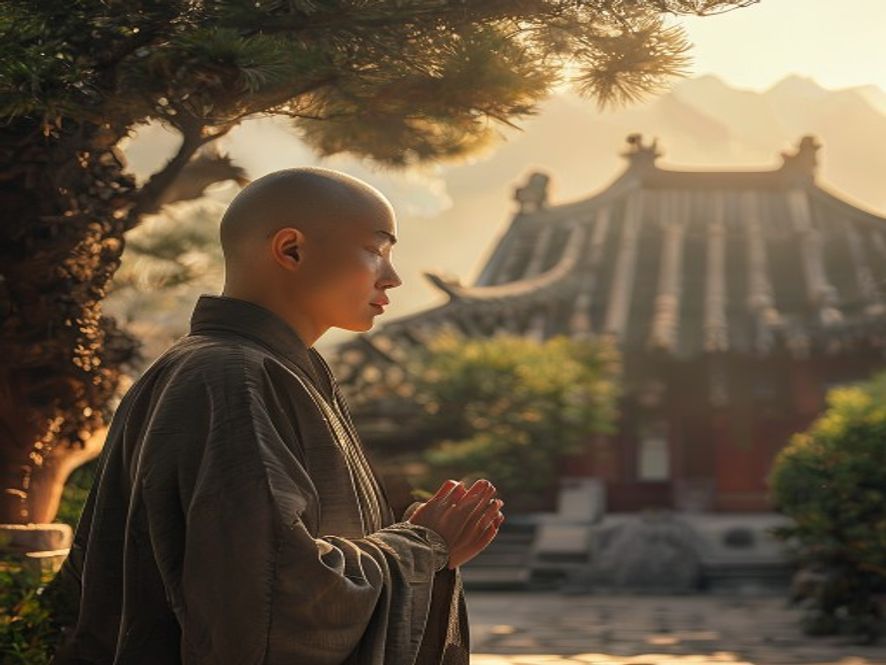 柳智宇身着僧袍在寺庙庭院中远望,表情平和