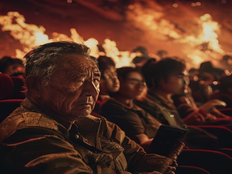 观众在电影院观看《三国》动作戏时面露失望,特效粗糙