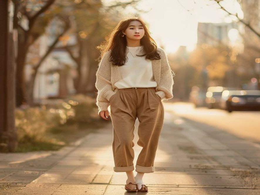 一位年轻女性穿着勃肯鞋搭配长袜,走在城市街道上,时尚休闲