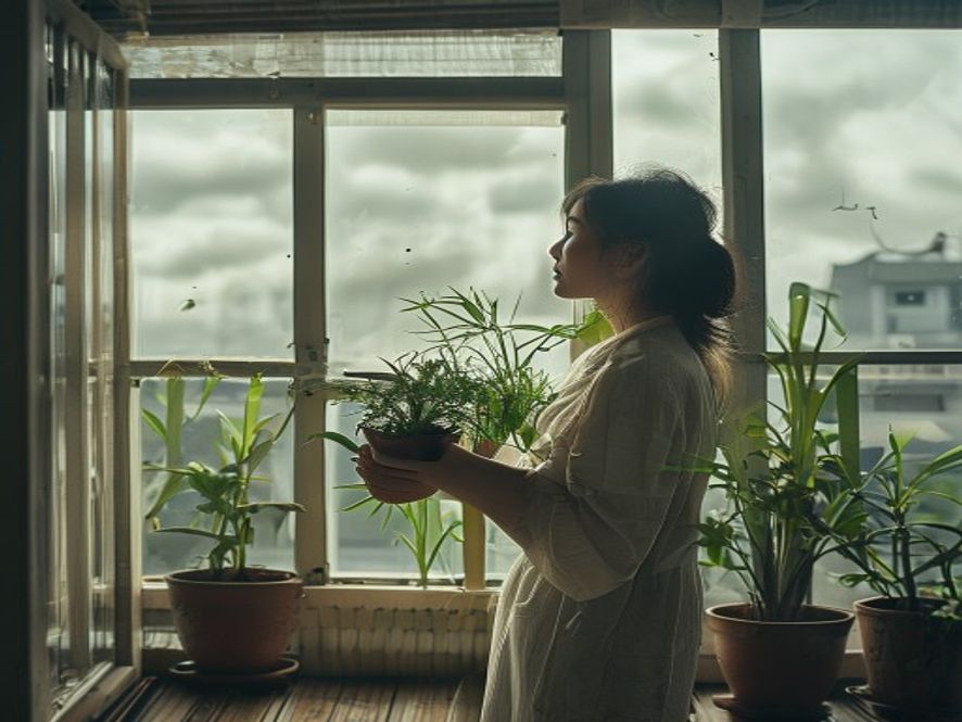 阳台上收花盆关窗户做好台风防范