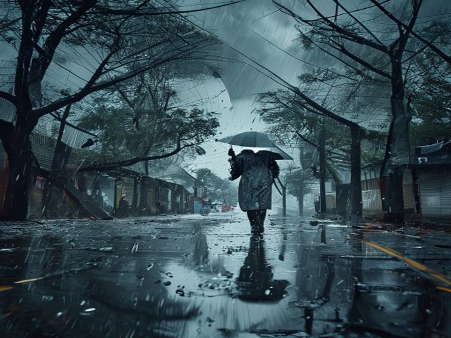 台风登陆时街道狂风暴雨,行人艰难行走