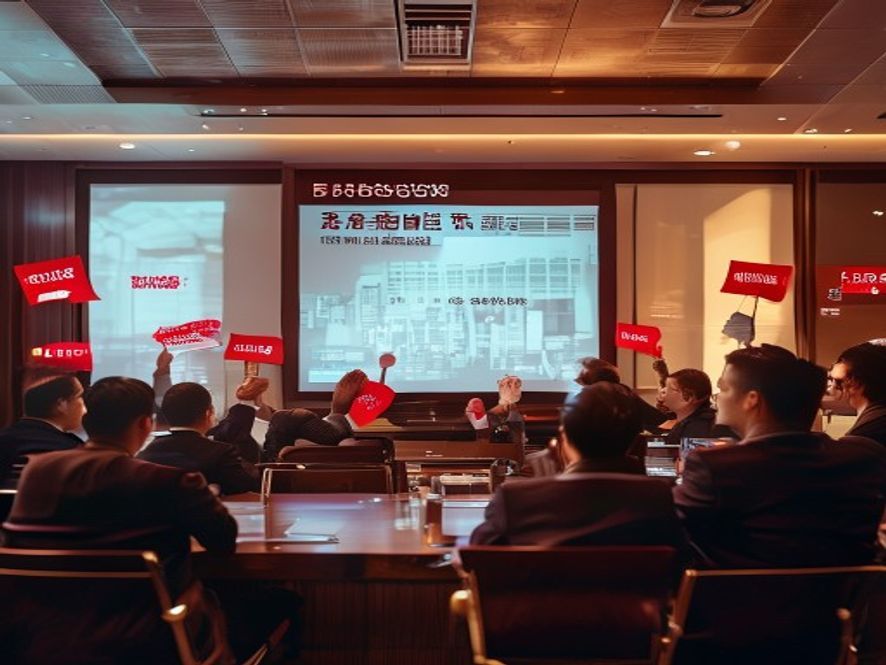 股东大会现场,中小股东举起反对票牌,背景是银行总部大楼效果图