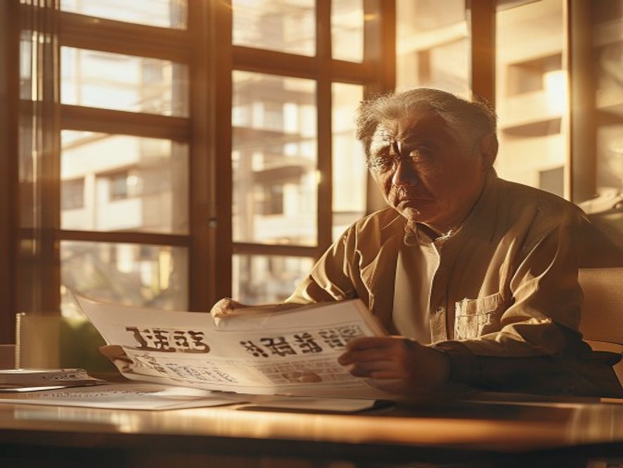 一位中年小股东在家中看着银行财报和建筑效果图,表情无奈