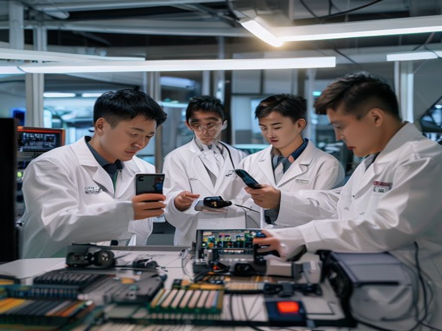 手机工程师团队在实验室测试续航,讨论改进方案