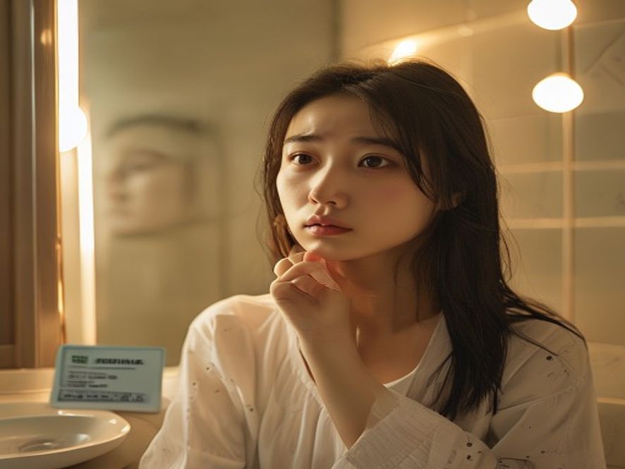 年轻女孩对着镜子查看术后变形的下巴,表情沮丧