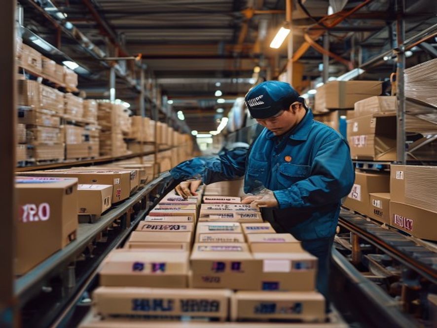 长鑫科技工厂中批量生产的国产DDR4内存条,包装箱堆叠,显示价格标签从200元降至150元