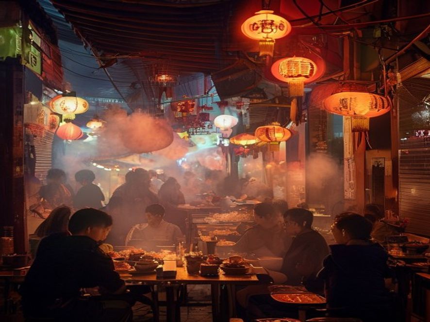 中国消费者在热闹的夜市品尝美食
