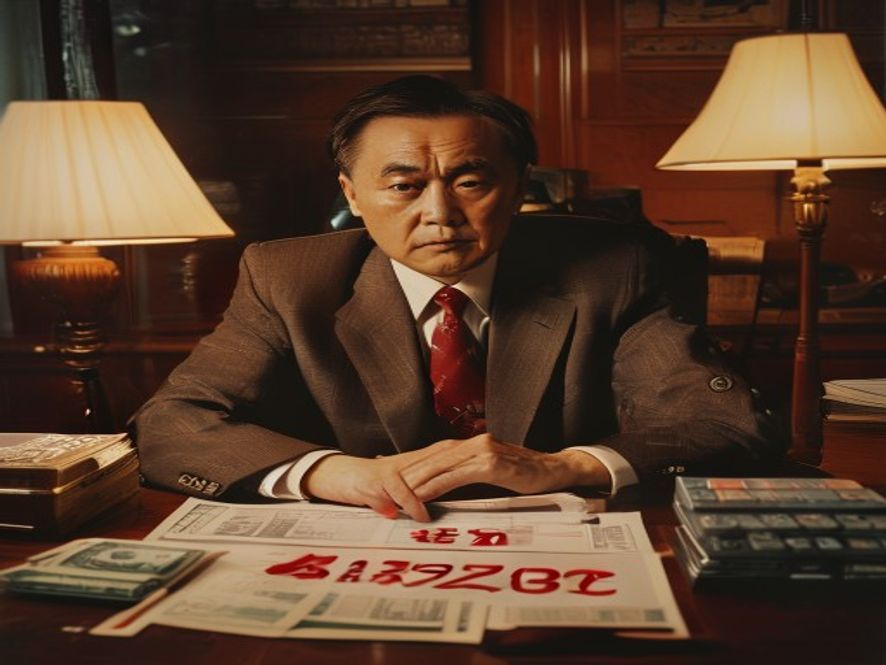 一位中国中年商人坐在办公室桌前,愁眉苦脸地看着写有470亿数字的财务报表,旁边有计算器和散落的现金