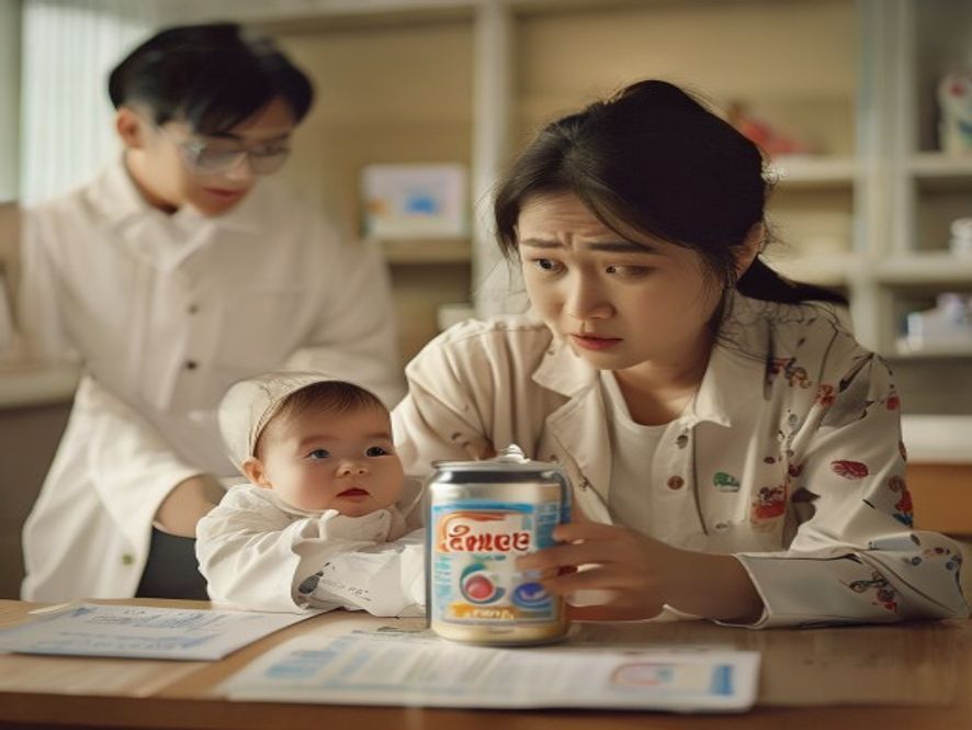年轻母亲带婴儿看医生,桌上放着奶粉和铅超标检测报告