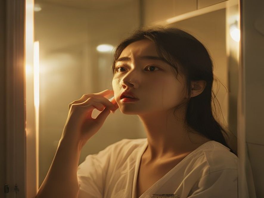 年轻女孩对着镜子抚摸下巴,脸型后缩,表情痛苦,房间昏暗