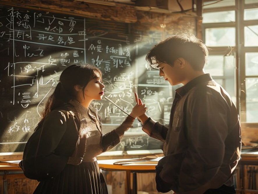 女学生与助教在黑板前讨论复杂的数学公式