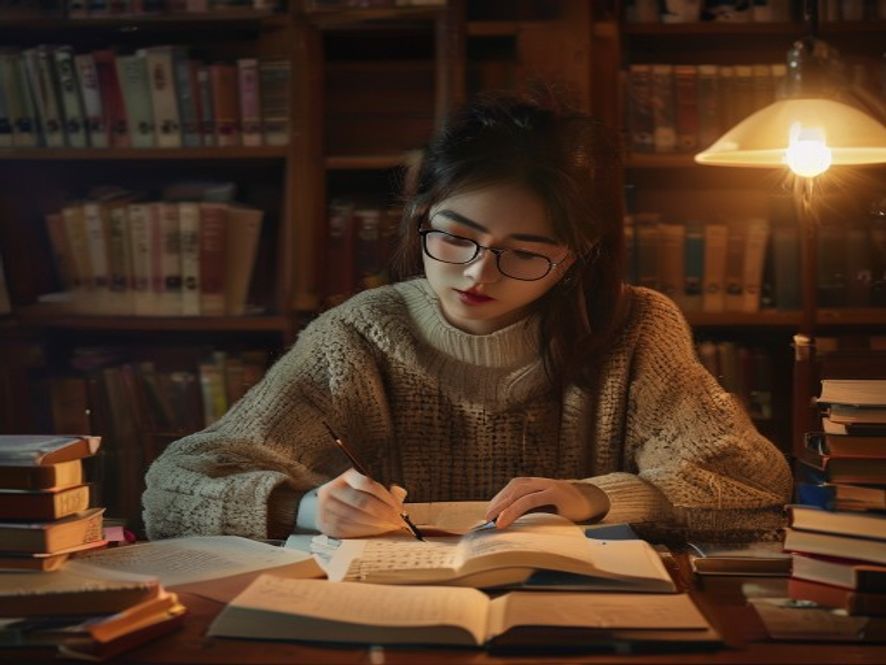 一位年轻女学生在北大图书馆的台灯下埋头研读数学书籍