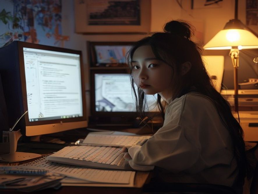 学生盯着电脑屏幕上AI生成的答案发呆,没有独立思考,旁边放着空白的草稿纸
