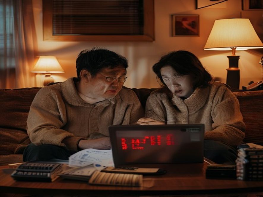 韩国家庭在客厅对着笔记本电脑查看暴跌的股票账户,表情焦虑