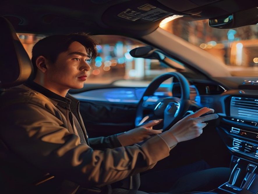 车内驾驶员看到小蓝灯亮起后放松警惕,正在刷手机