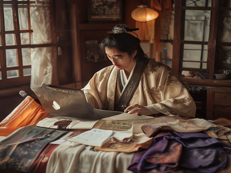 外国博主认真研究汉服形制,桌上摆着不同朝代汉服